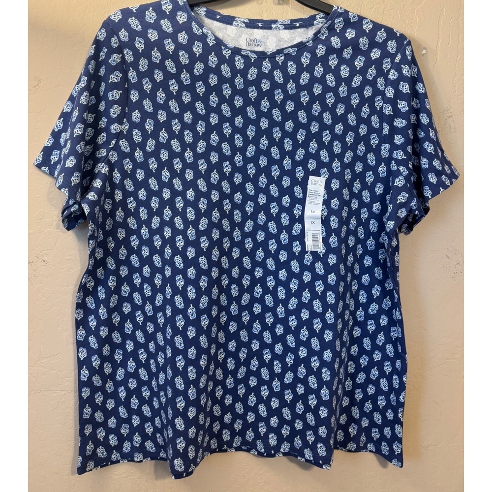 Croft & Barrow T-Shirt Women 1X Navy Blue Floral Classic Crewneck Cotton Tee NEW
